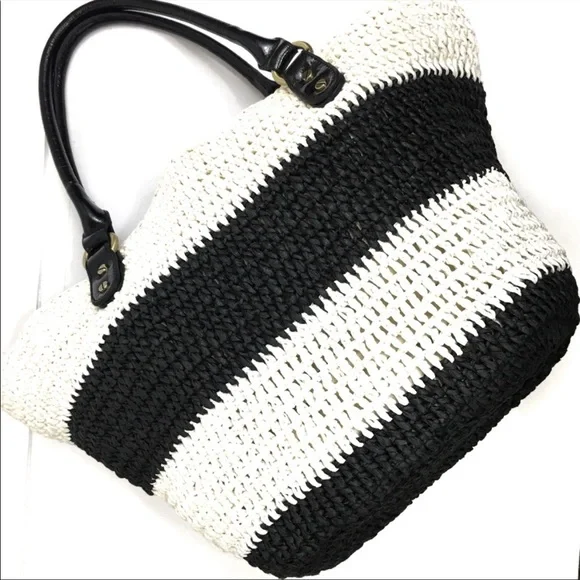 Adrienne Vittadini Nautical Black White Straw Summer Tote Bag - Picture 3 of 16